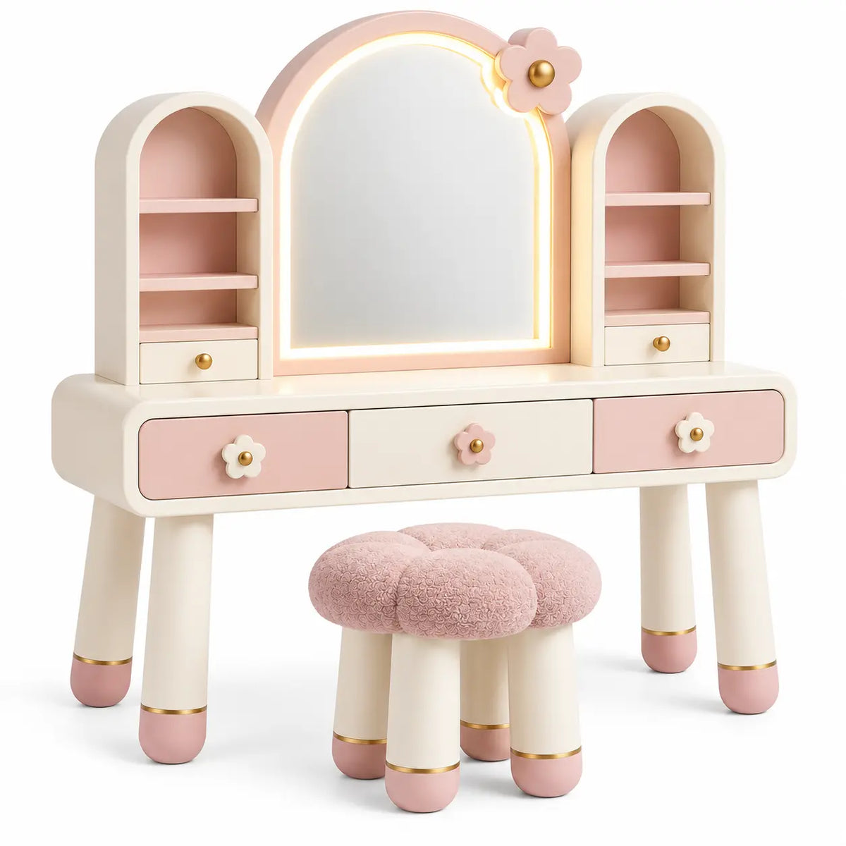 Coiffeuse crème et rose avec miroir arqué, tiroirs fleuris et tabouret