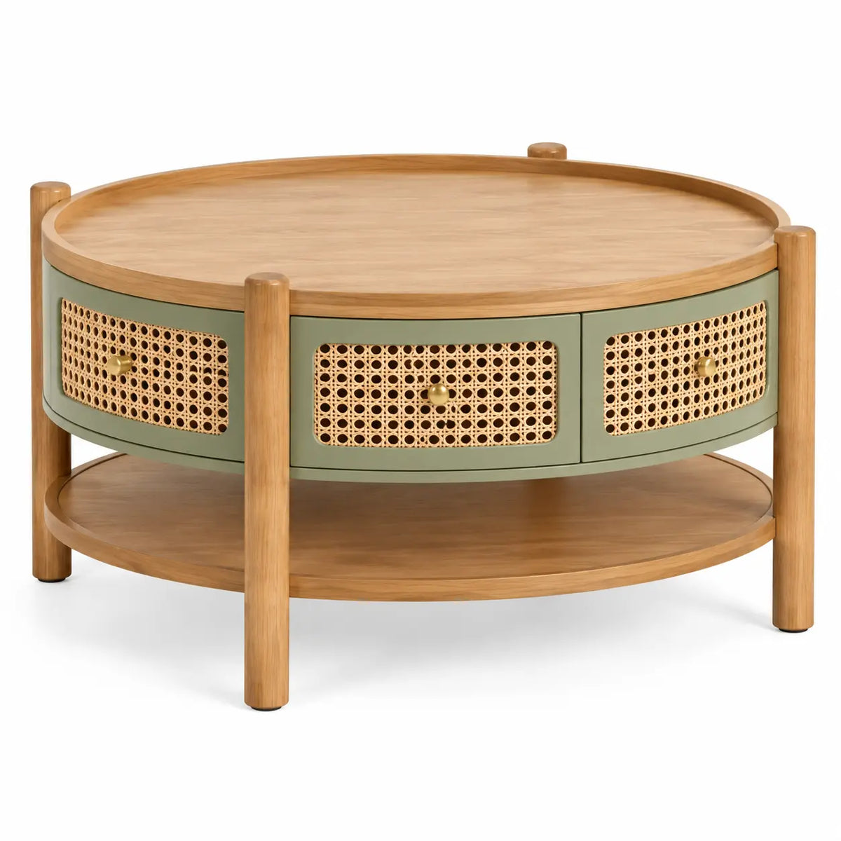 Table basse ronde beige et verte à ceinture ajourée et plateau inférieur