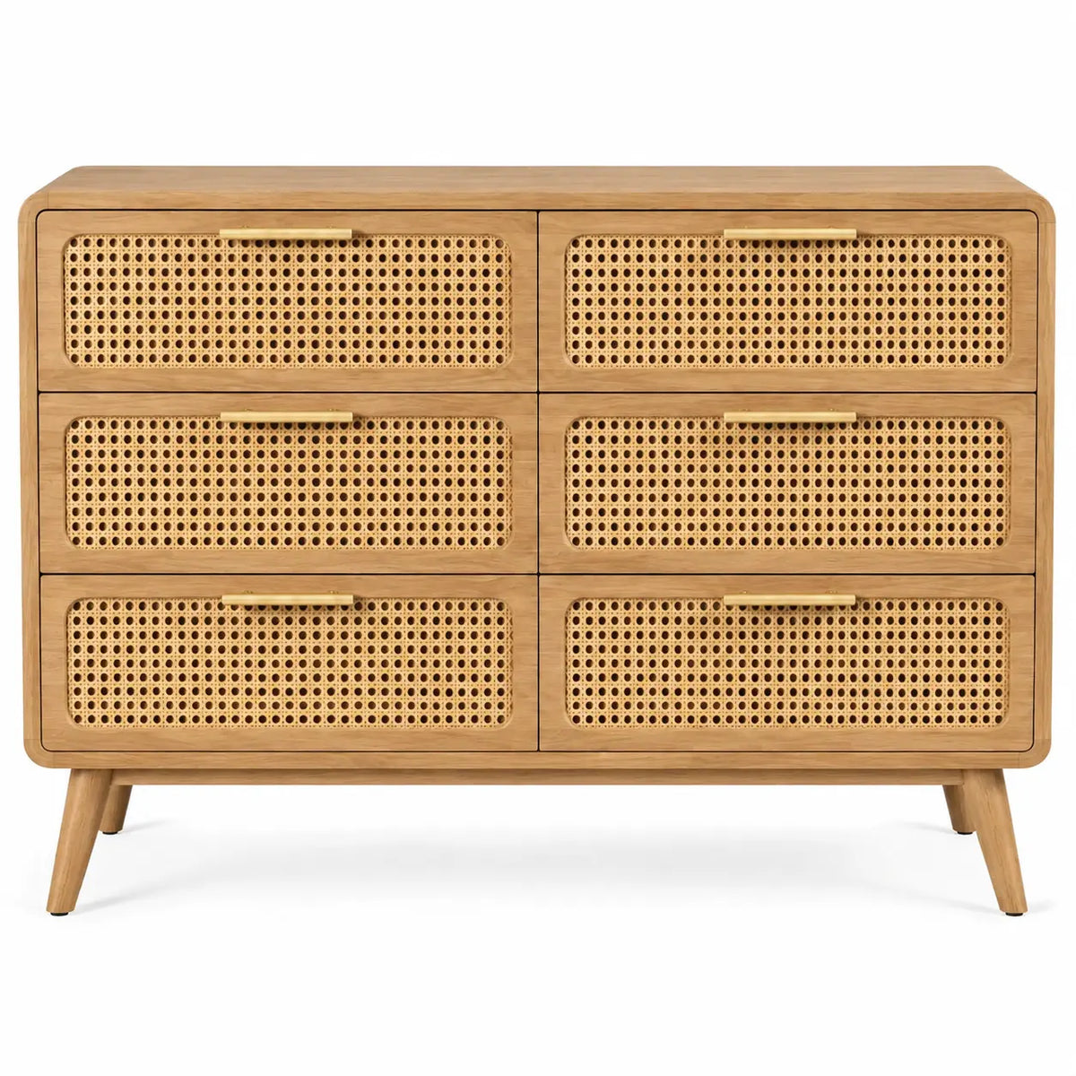 Commode beige à six tiroirs ajourés et angles arrondis