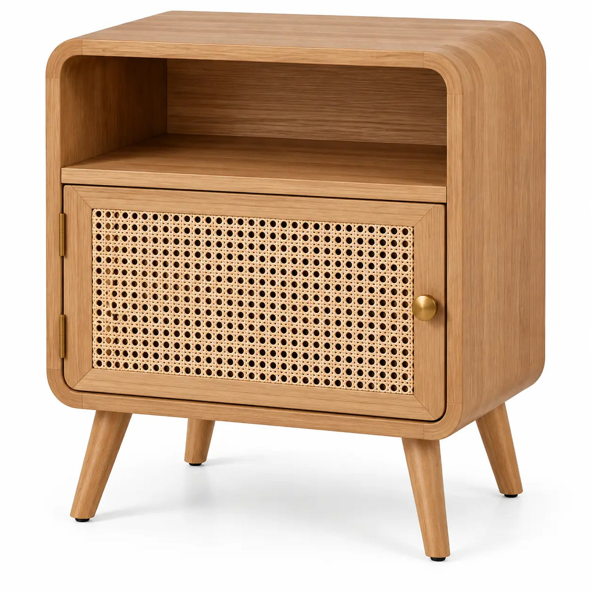Table de chevet beige avec niche ouverte et porte ajourée