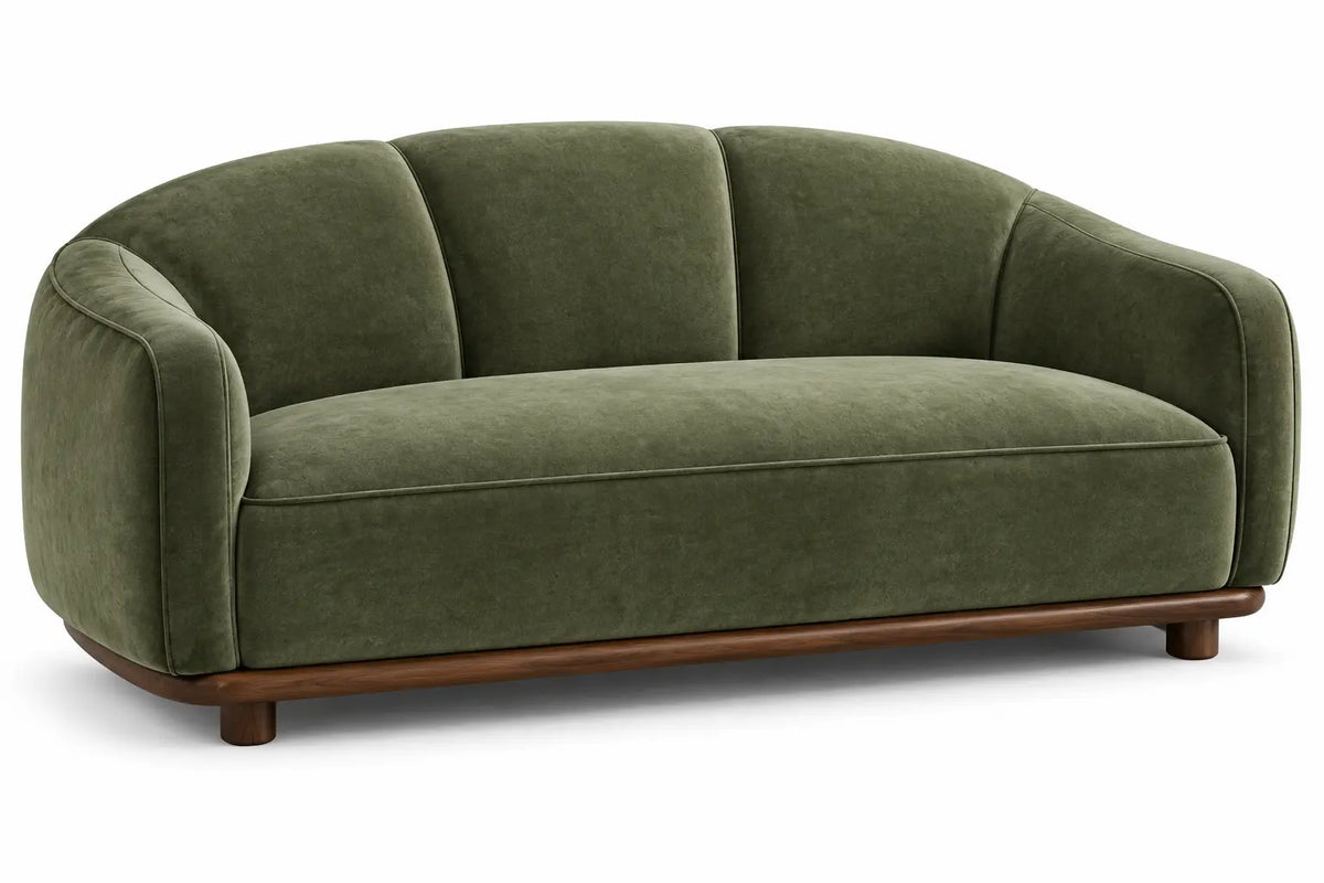 Canapé droit vert à dossier arrondi et socle marron