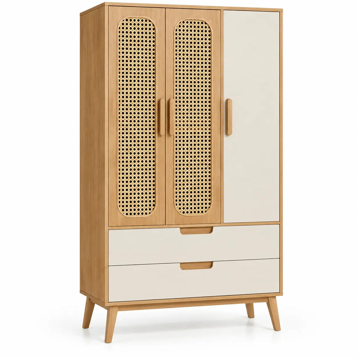 Armoire beige et crème à portes ajourées et deux tiroirs bas