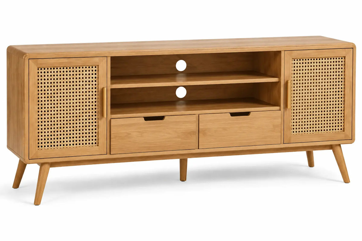 Meuble de télévision beige à portes tressées, niches et deux tiroirs