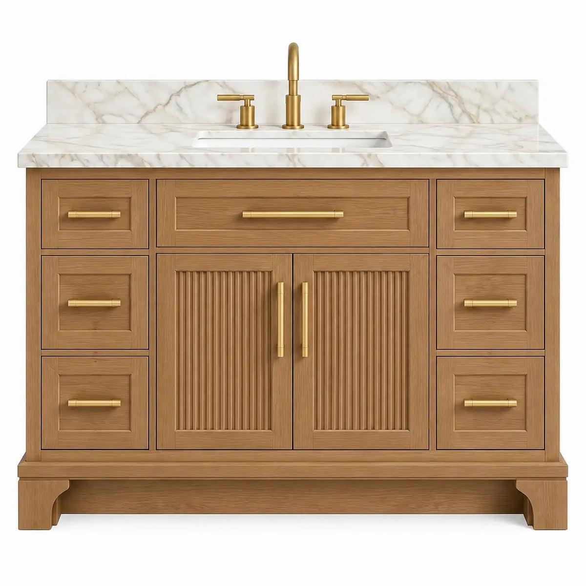 Meuble vasque beige à portes striées, tiroirs et plan blanc veiné