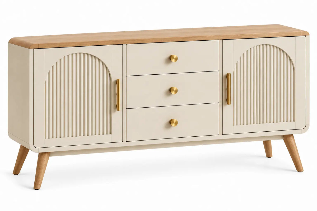 Buffet crème et beige à portes striées en arche et trois tiroirs