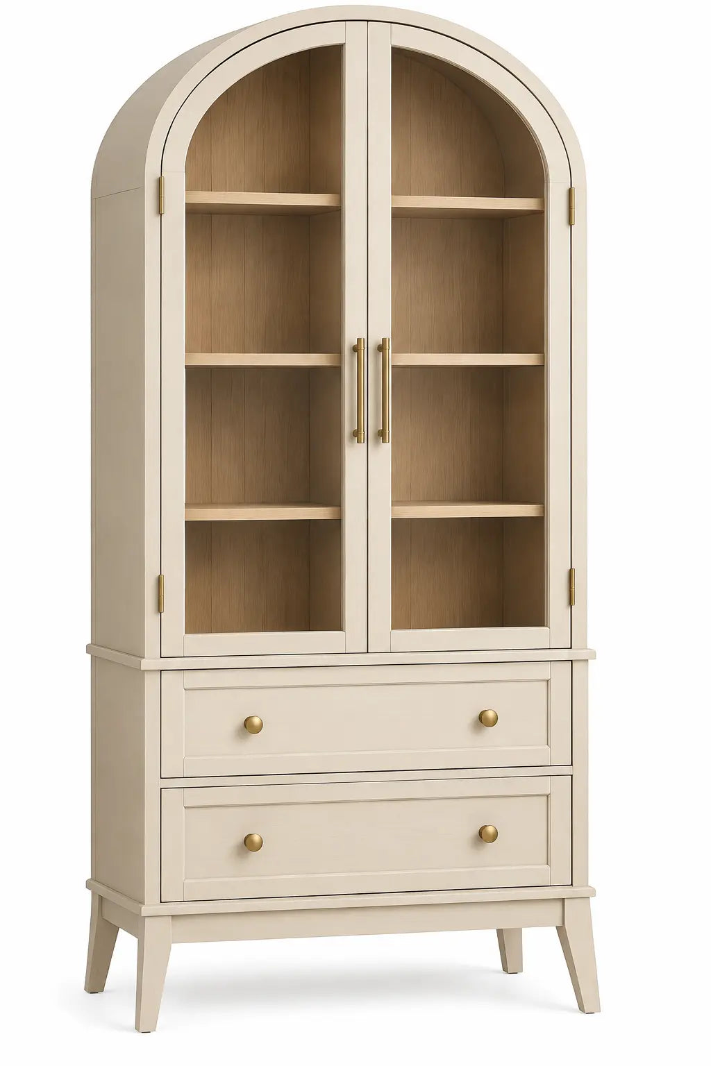 Vitrine crème en arche avec portes vitrées et deux tiroirs