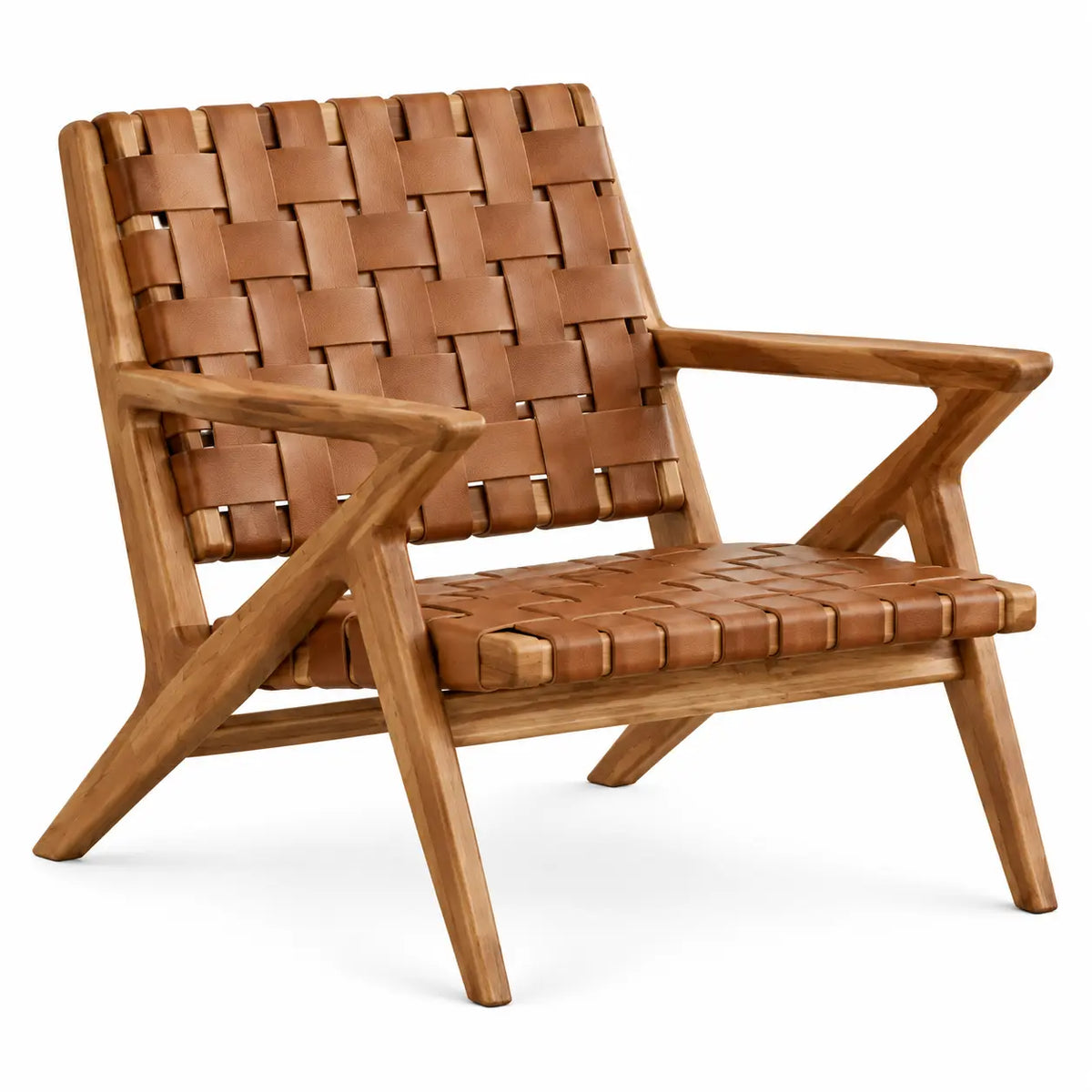Fauteuil marron à assise et dossier entrelacés avec accoudoirs droits