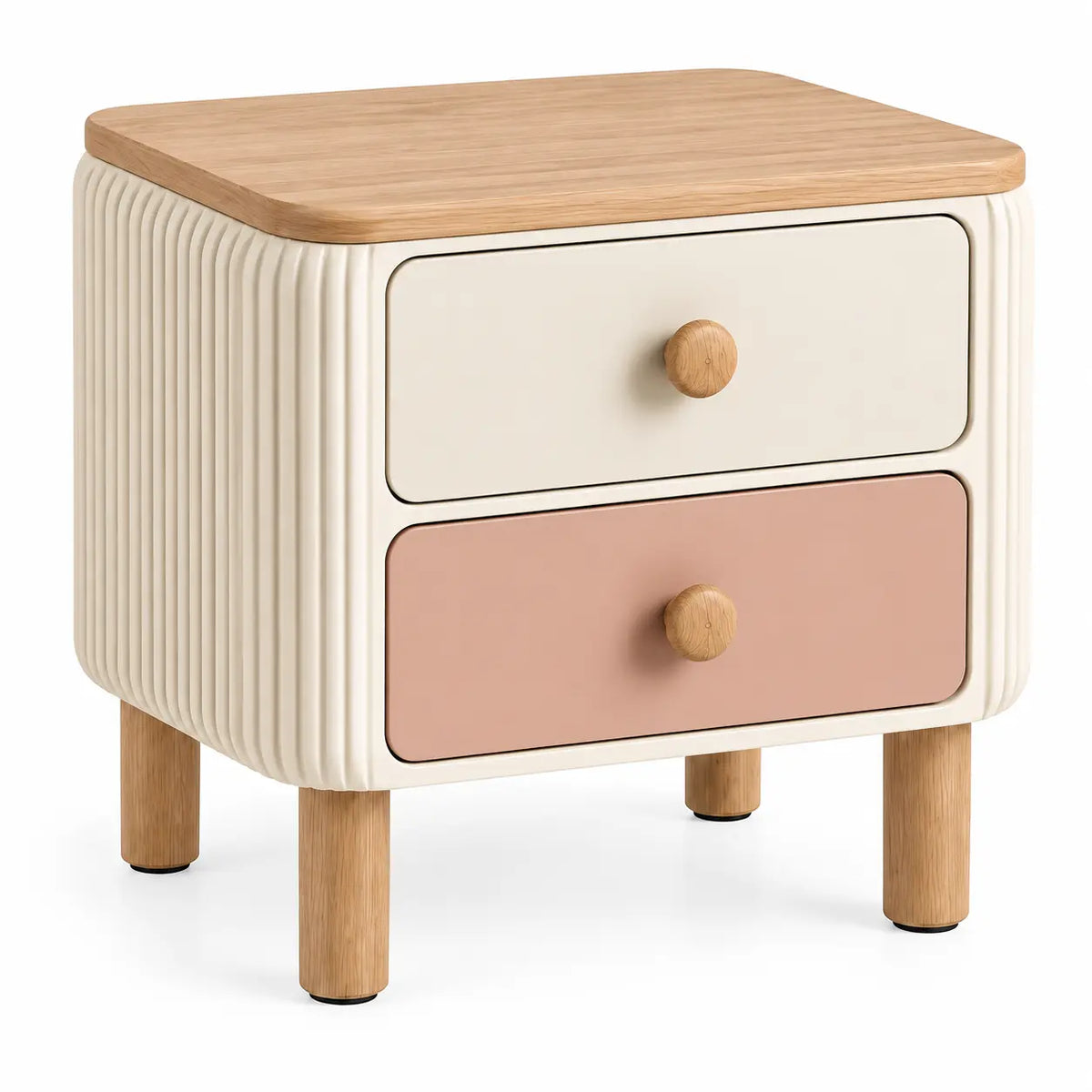 Table de chevet crème et rose à deux tiroirs et plateau beige